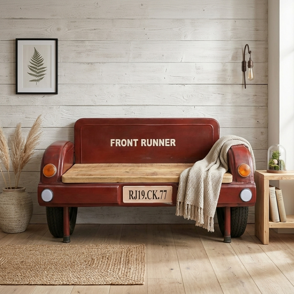 Car Runner Sofa – Hand-Forged Wrought Iron & Solid Wood Industrial Statement Piece