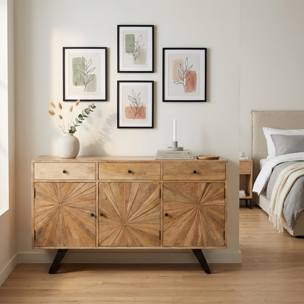 Sun Sideboard – Handcrafted Solid Wood & Vintage Industrial 3-Door Credenza