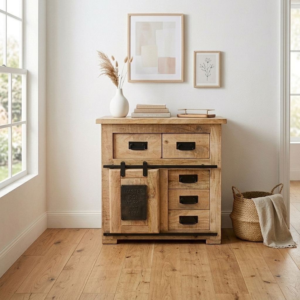 Jupiter 70 Natural Sideboard – Compact Solid Wood Cabinet with Sliding Door & Iron Details