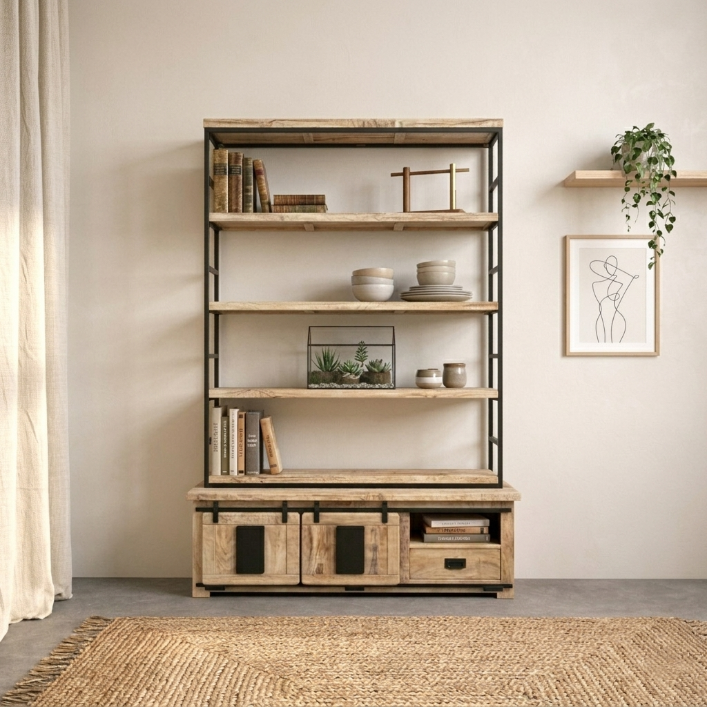 Jupiter TV Library – Handcrafted Natural Solid Wood & Iron (160x45x240 cm)
