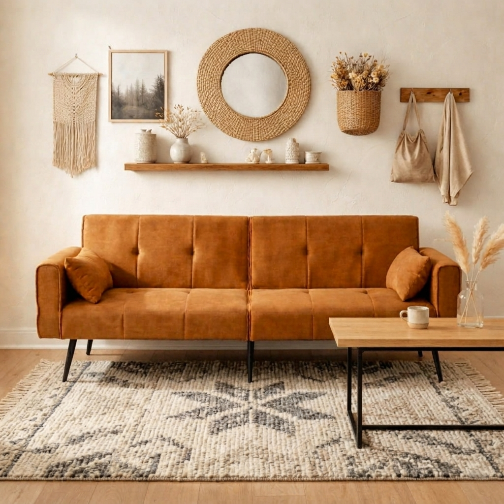 Fukarustic Flower 3-Seater Convertible Sofa Bed – Mustard Yellow Corduroy Futon with Metal Legs