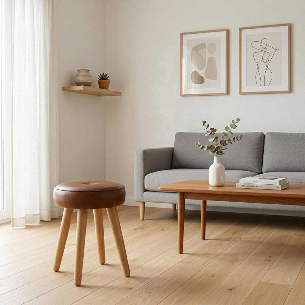 Set of 2 Lilli Seat Poufs – Handcrafted Solid Wood & Genuine Leather Stool