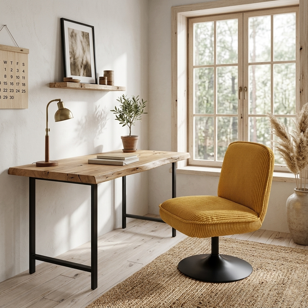 Fukarustic Funky Swivel Armchair – Saffron Corduroy & Industrial Black Metal Base