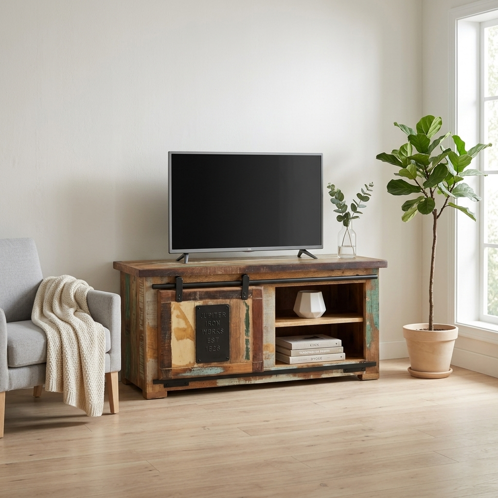 Jupiter 100 TV Stand – Handcrafted Recycled Solid Wood & Industrial Iron