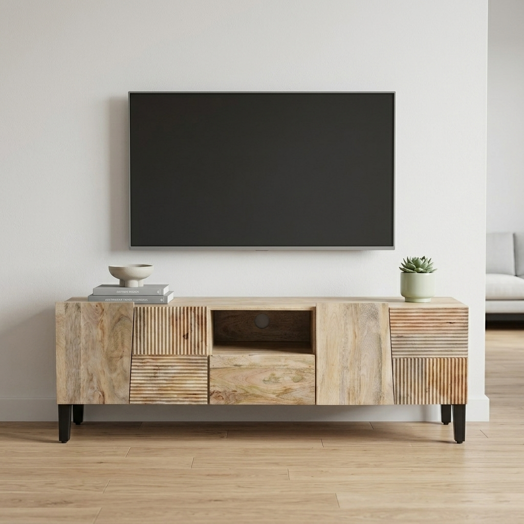 Marcus TV Stand – Handcrafted Solid Mango Wood & Wrought Iron