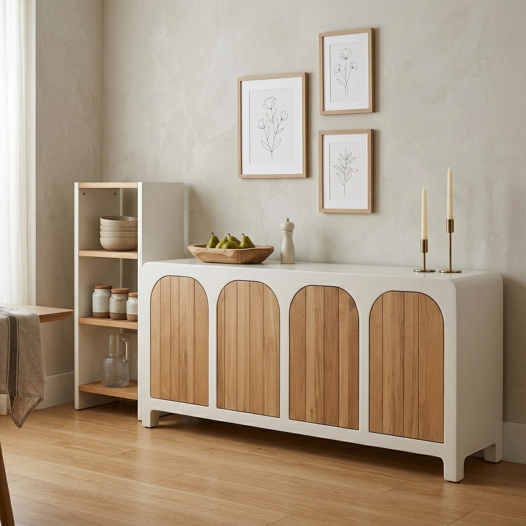 Roma 4 Sideboard – Hand-Worked Roman Concrete & Solid Teak 4-Door Buffet