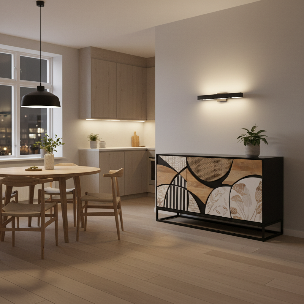 Solid Mango Wood Sideboard 140 × 75 × 40 cm Natural Black with Metal Frame