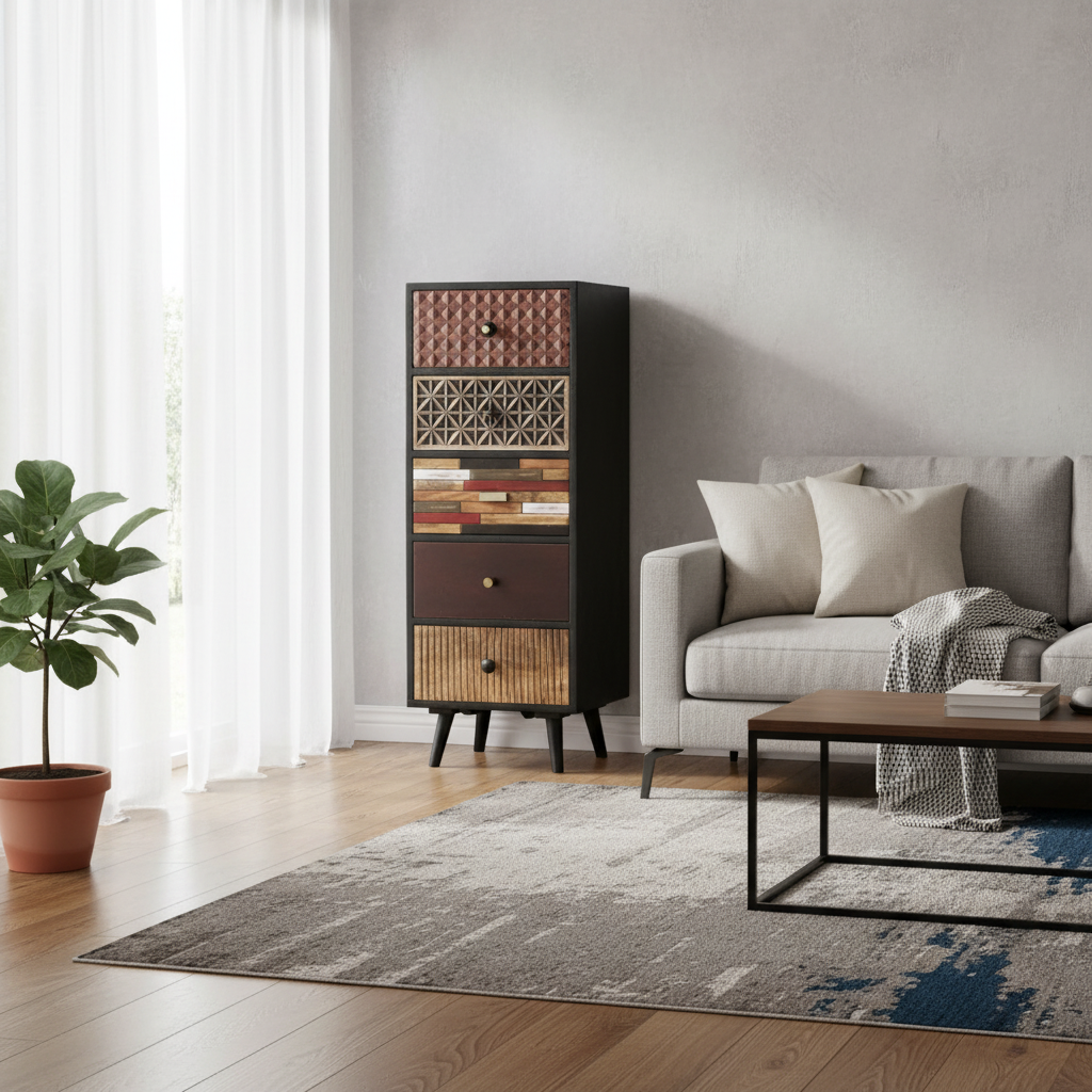 Solid Mango Wood Chest of Drawers 45 × 120 cm Black Multicolour Finish