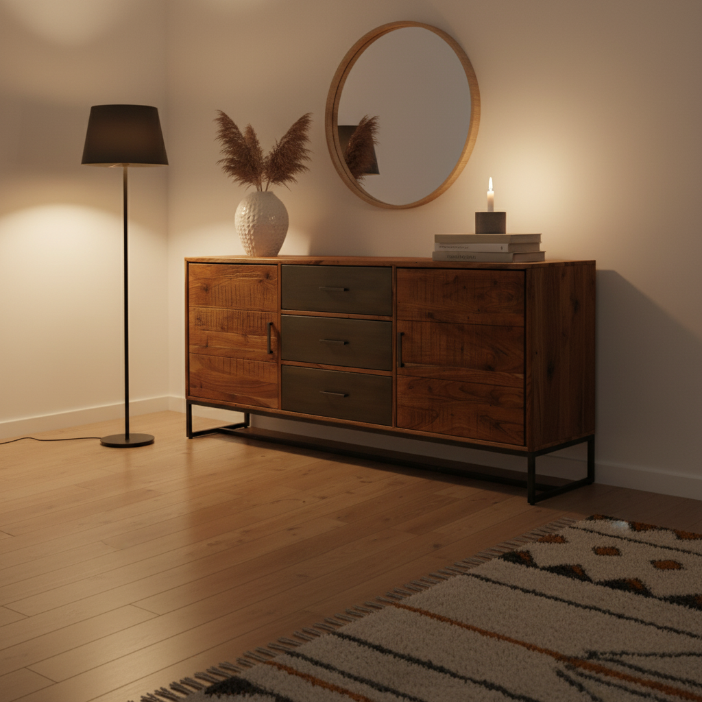 Solid Acacia Wood Sideboard 175 × 77 × 40 cm Brown Grey with Iron Frame