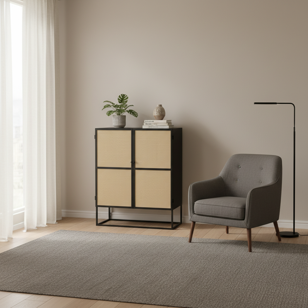 Rattan Highboard Sideboard 80 × 100 cm Black Woven Front