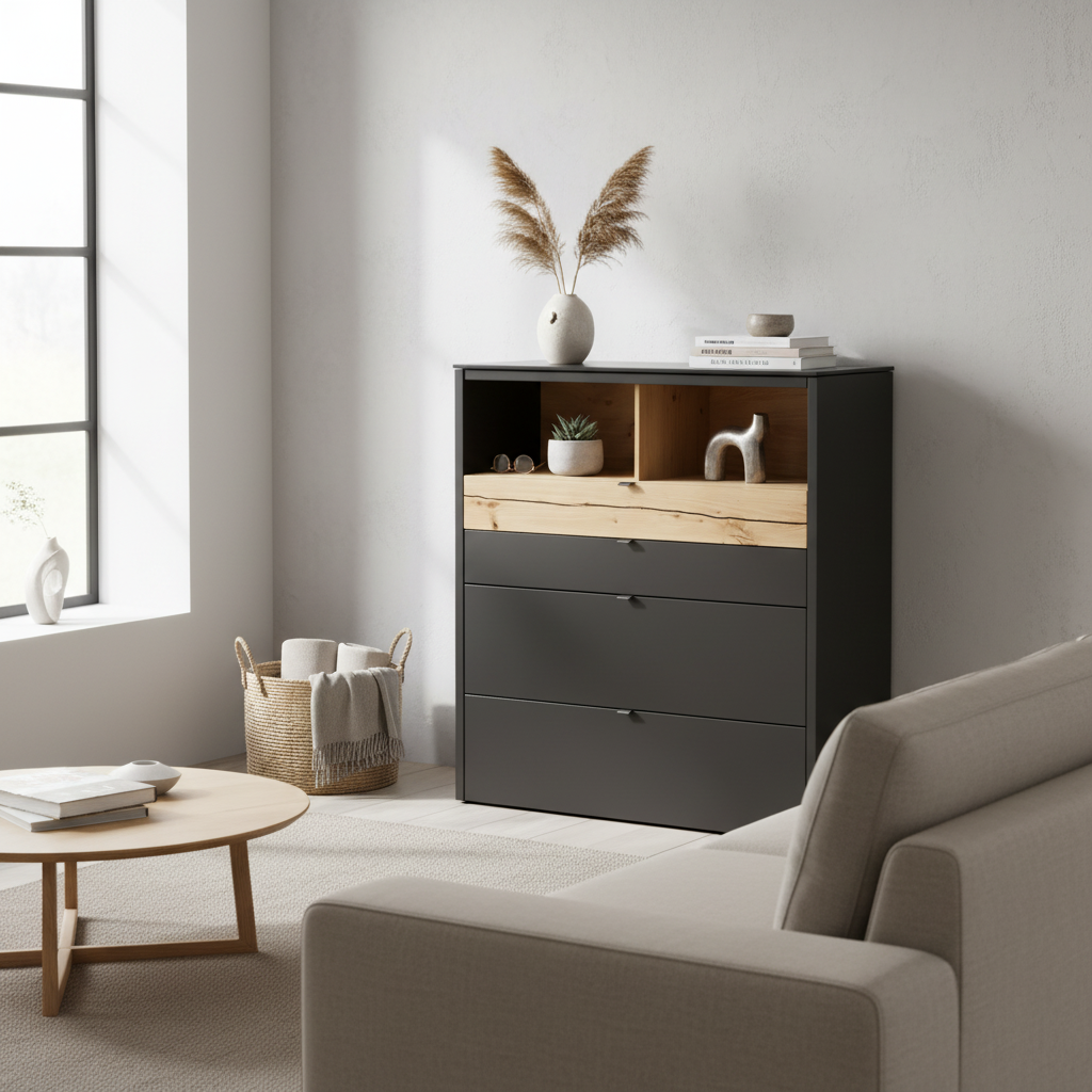Lacquered Wood Highboard Sideboard 127 × 140 cm Anthracite with Oak Accent