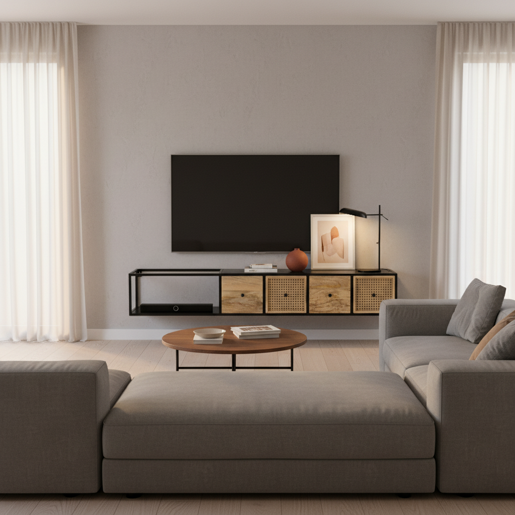 Solid Acacia Wood TV Unit with Storage 150 × 35 cm Brown with Iron Frame