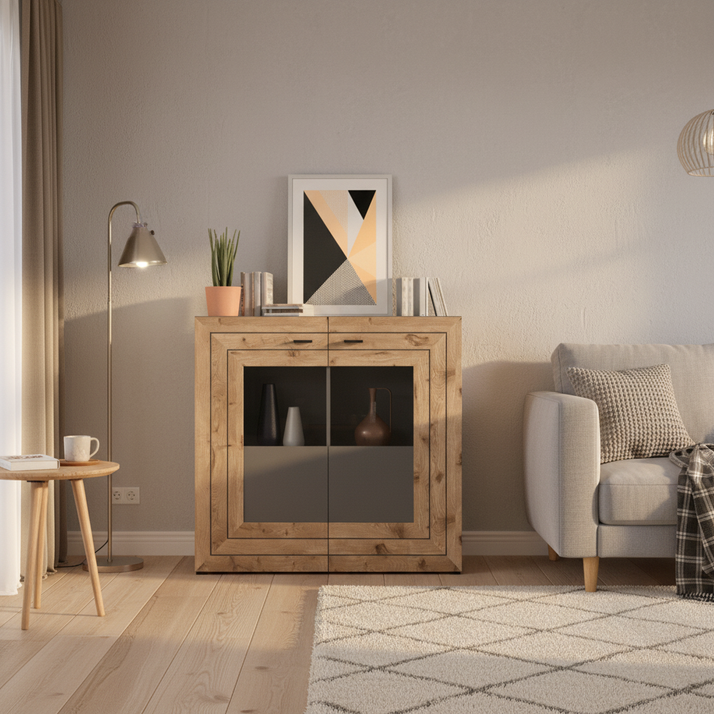 Oak Wood Highboard Sideboard Grey Finish
