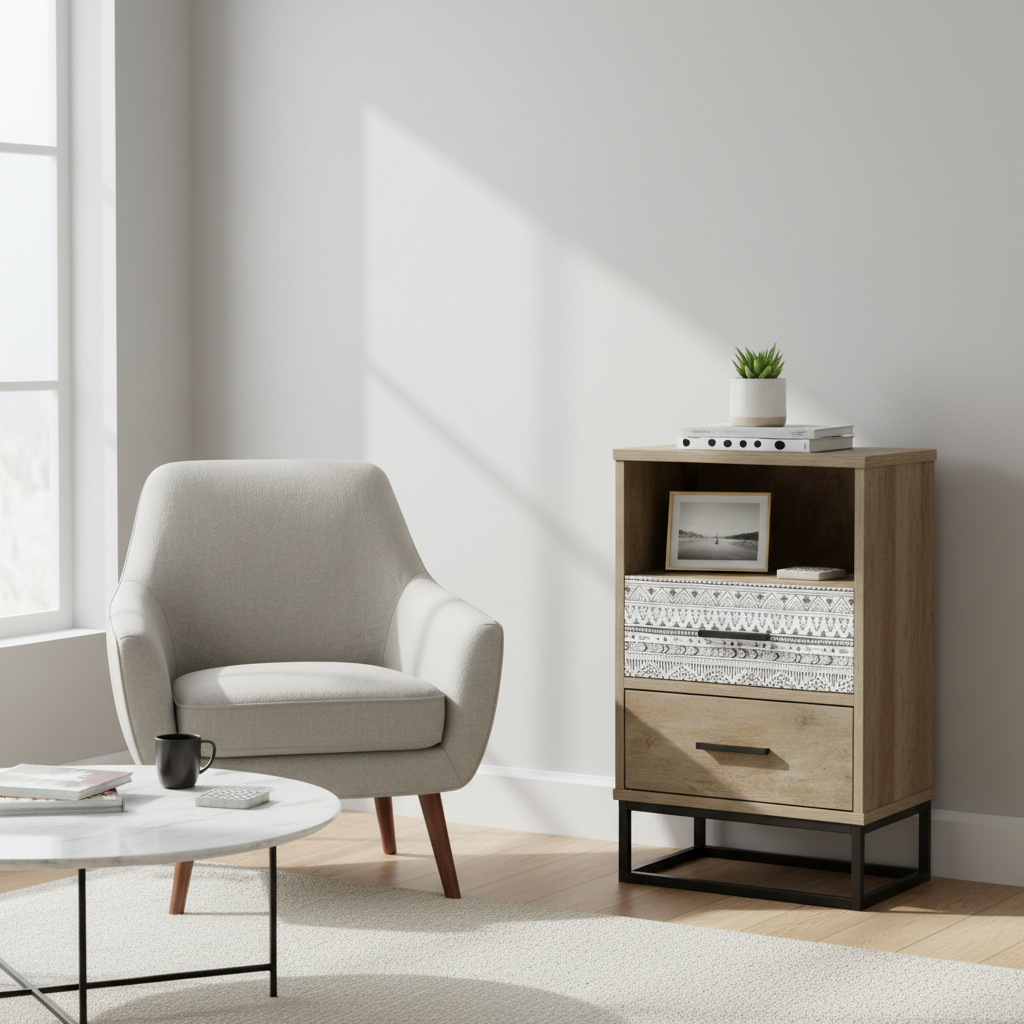 Wood Effect Bedside Table 39.5 × 62 cm Natural Grey Patterned