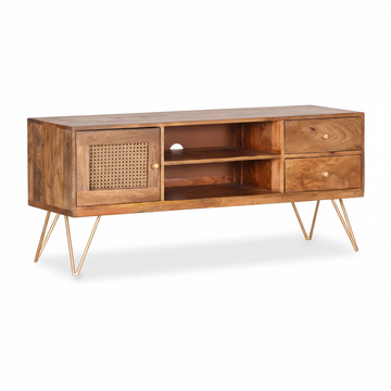 Mobile TV in legno massello di mango con contenitore 130 × 57 cm Marrone Naturale con frontale in Rattan