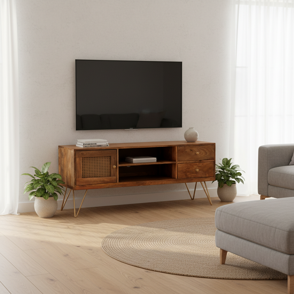 Solid Mango Wood TV Unit with Storage 130 × 57 cm Natural Brown with Rattan Front