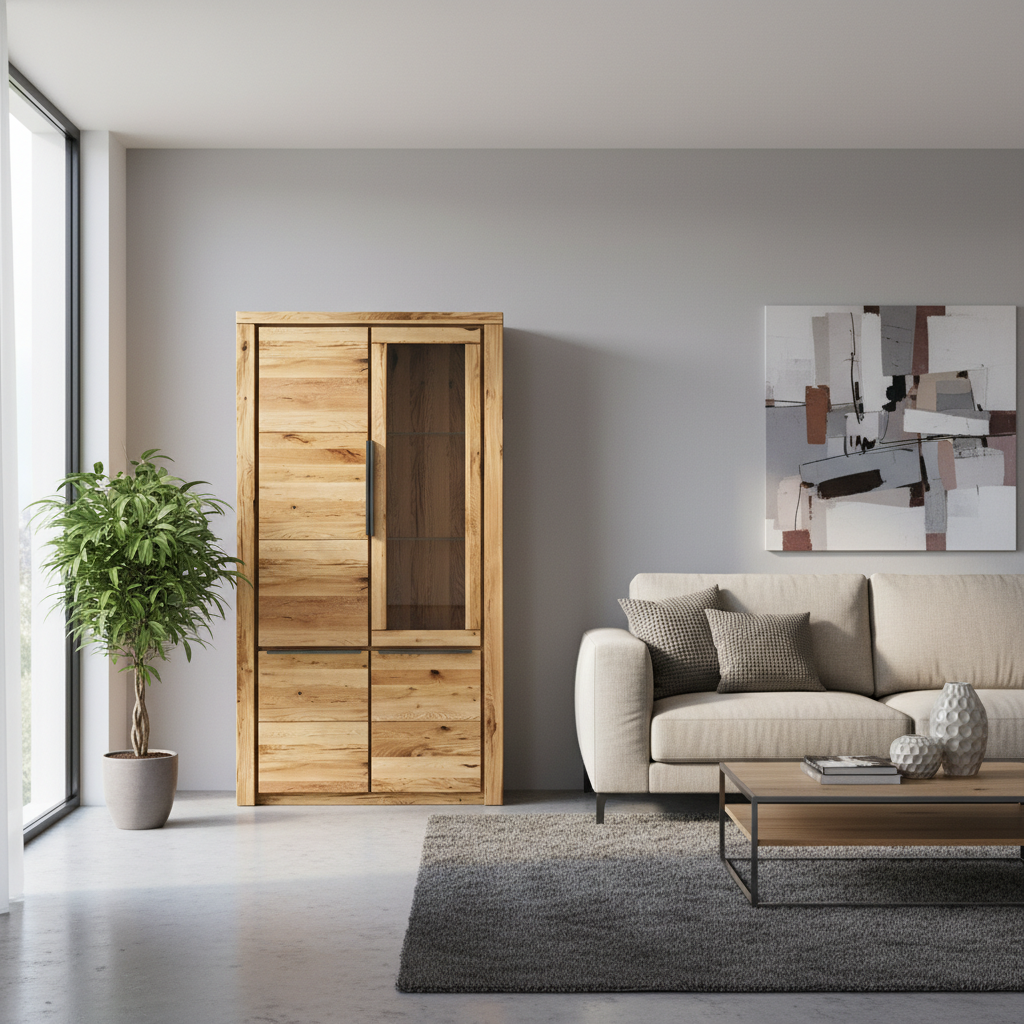 Part-Solid Oak Display Cabinet 108 × 199 × 40 cm Natural Oiled Finish