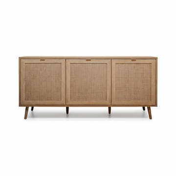 Buffet effet chêne 150 × 71 cm naturel avec façade en raphia tressé