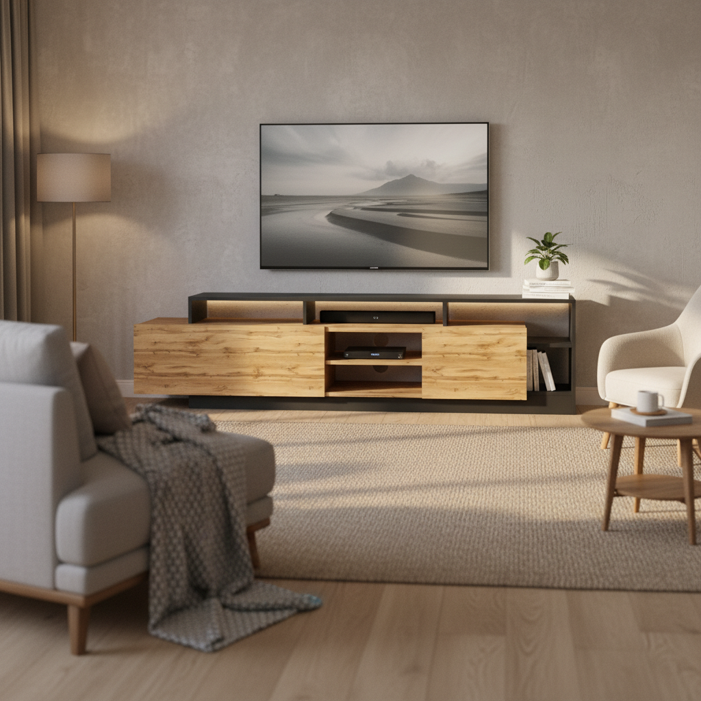 Large Wooden Sideboard 265 × 203 × 43.8 cm Natural Finish