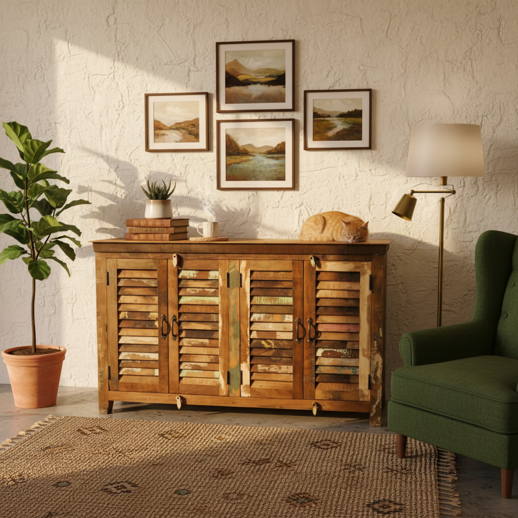 Sideboard Cabinet Solid Wood 135 × 90 × 33 cm Natural Finish Shutter Doors