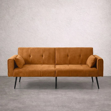 Fukarustic Flower 3-Seater Convertible Sofa Bed – Mustard Yellow Corduroy Futon with Metal Legs